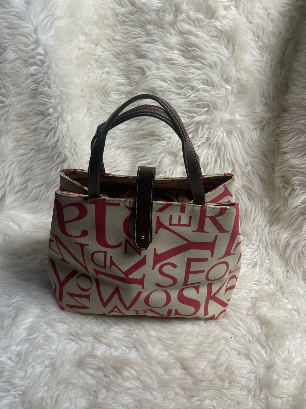 Kate Spade Beige & hot Pink Printed Canvas satchel with leather Brown Handles